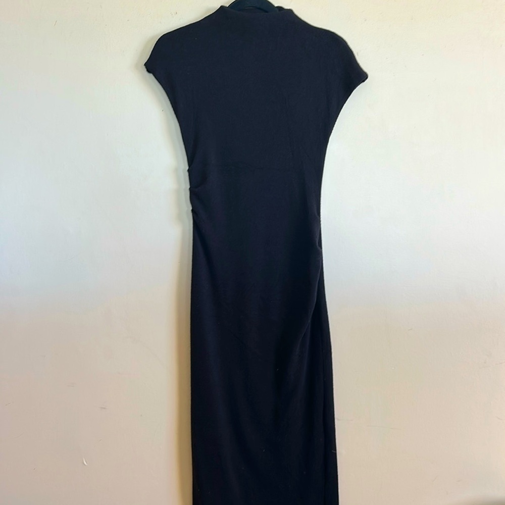 Zara S holiday dress mock neck cap sleeve midi bodycon ruched knit dress